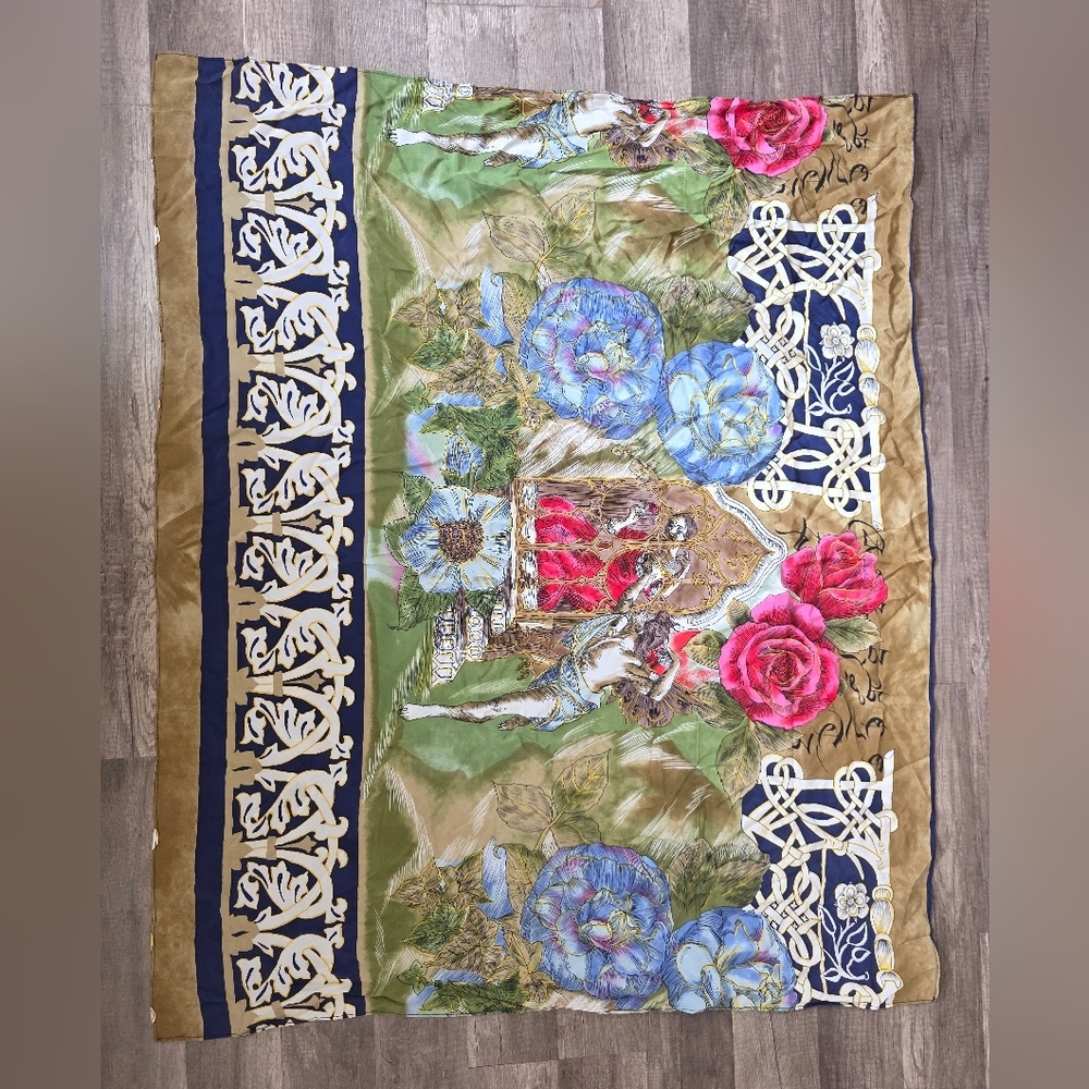 Vintage 90s Preppy Whimsical Valentines Antique Scarf Satin Silk twilly Italy